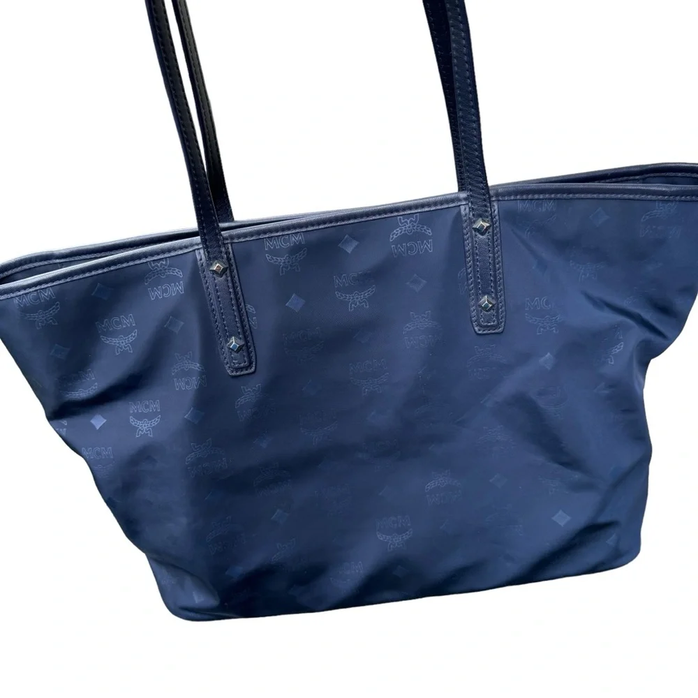 MCM Monogram Dieter Nylon Medium Shopper Tote Navy Blue EUC